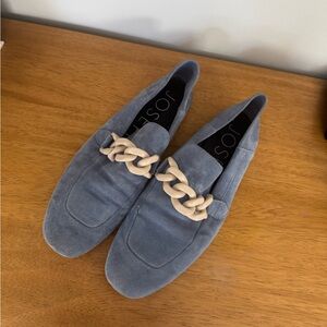 Joseph Blue Suede Loafers with Cream Chain